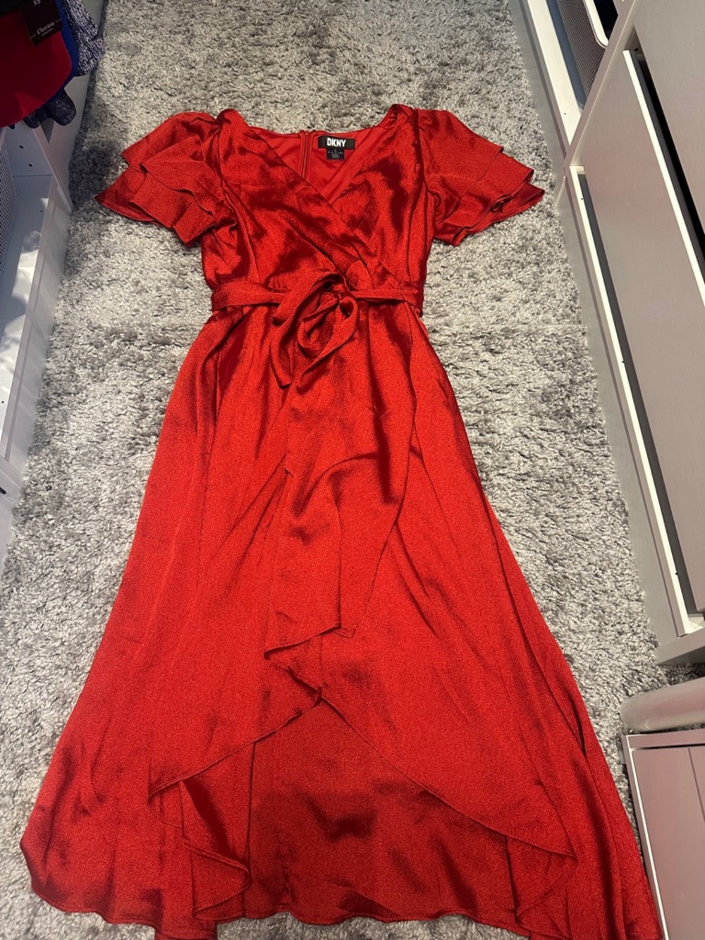 2x$30- DKNY Red Satin Wrap High-Low Dress